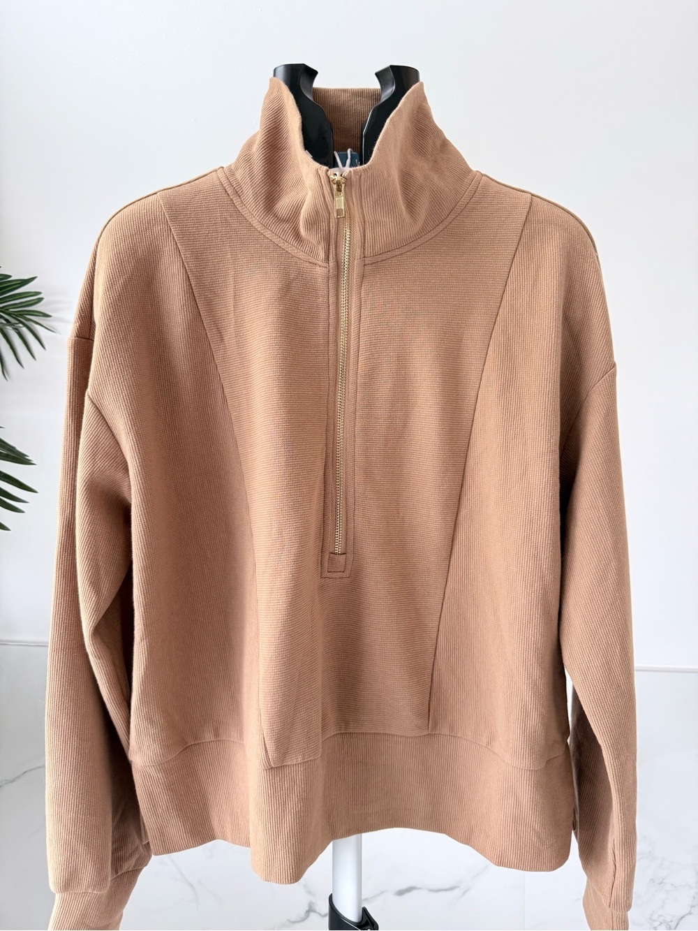 ANRABESS Camel Tan Ribbed Oversized Half Zip Pullover Sweatshirt Large L NWT